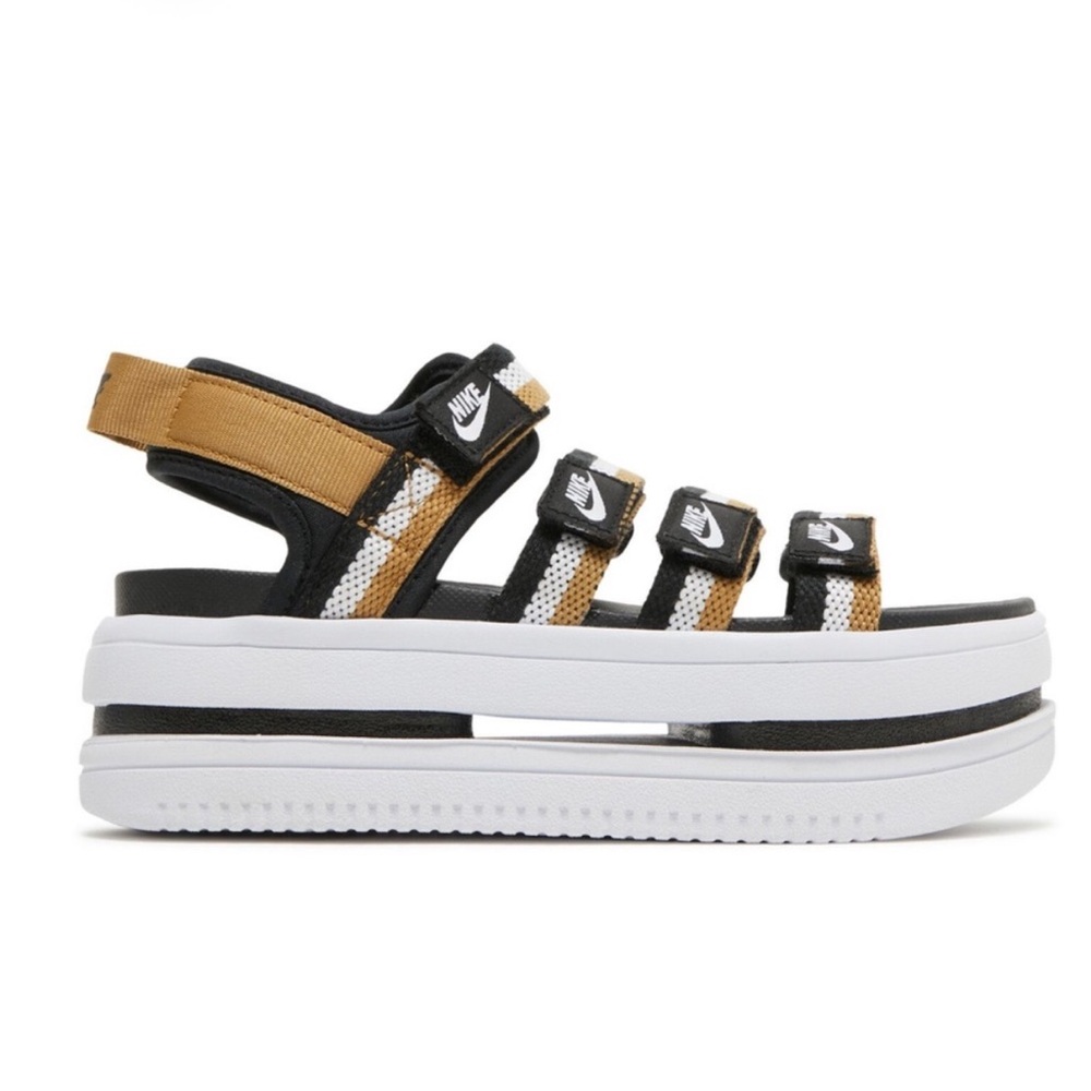 Nike Women's Black and Gold Strappy Sandals